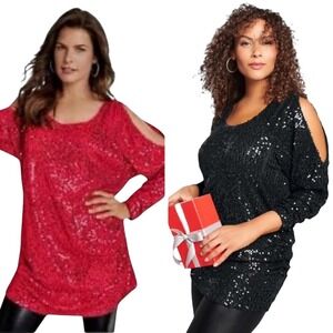 Roaman's Women's Plus Size Cold-Shoulder‎ Sequin Tunic, Color TEAL, Size 18/20